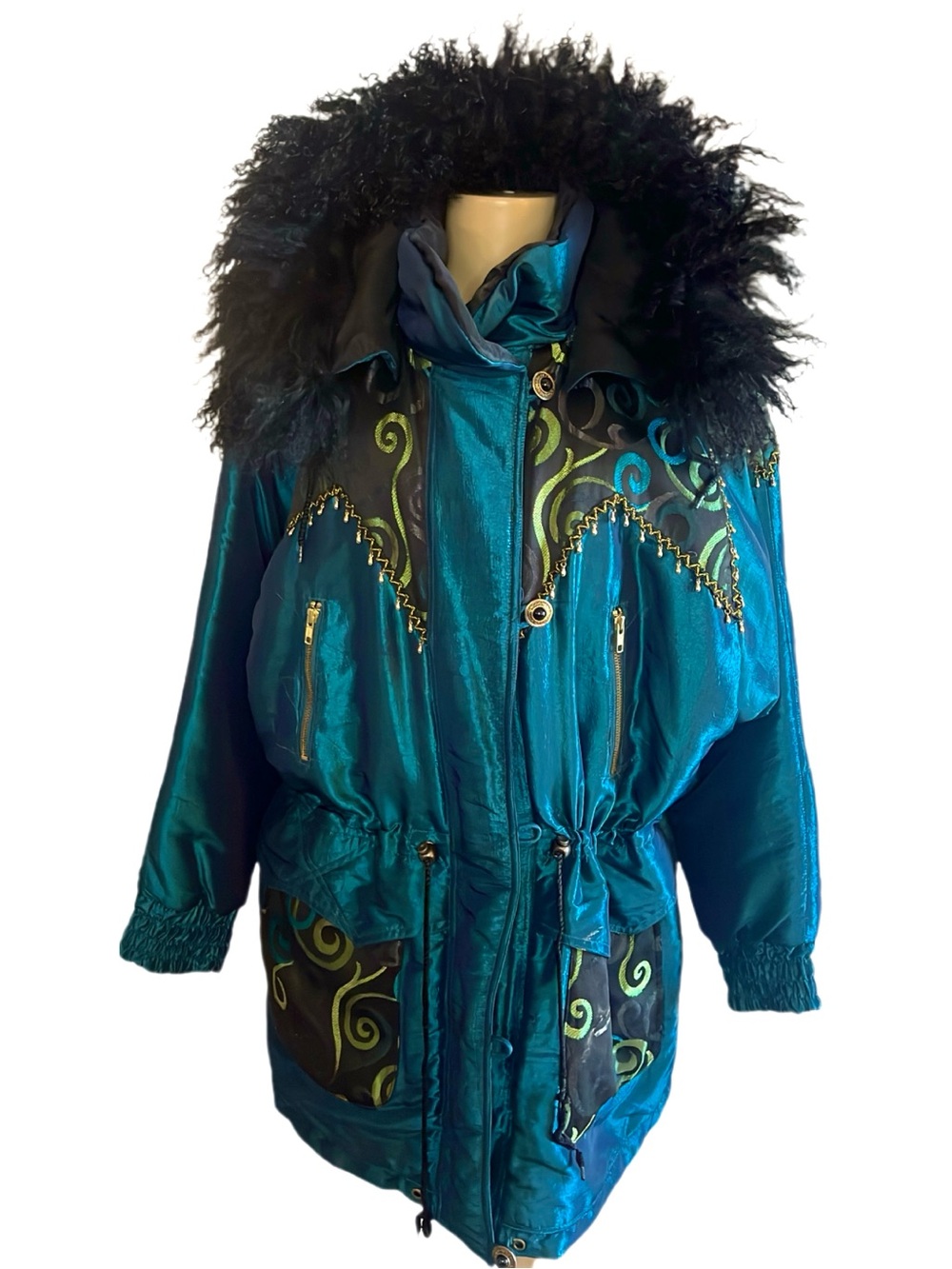 Vintage Mulberry Street Teal Abstract Puffer Coat w/ Mongolian Lamb Fur Hood